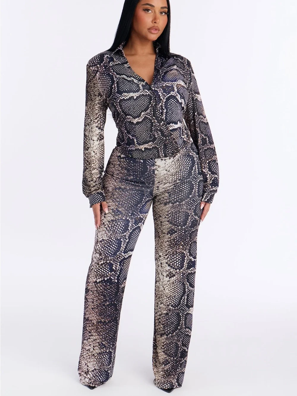 Fashion Nova Snake-Print Wide-Leg Jumpsuit - Black Taupe